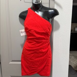 Fame and partners red orange gathered one off shoulder  mini dress XS S 4
